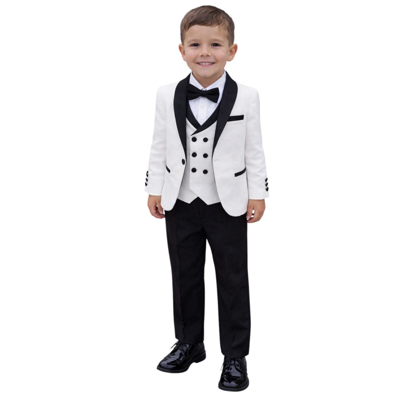 Kids Full Suit -  Creamy White Jacket, Black Satin Collar with black details on the buttons,  Paired with White with Black buttons Vest, and Black Pants