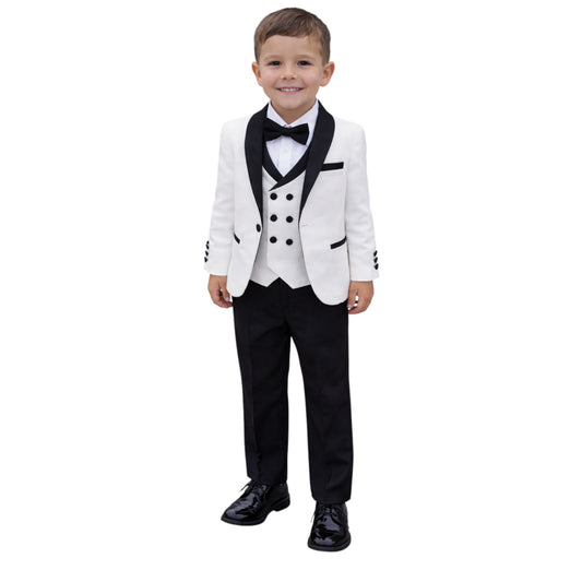 Kids Full Suit -  Creamy White Jacket, Black Satin Collar with black details on the buttons,  Paired with White with Black buttons Vest, and Black Pants