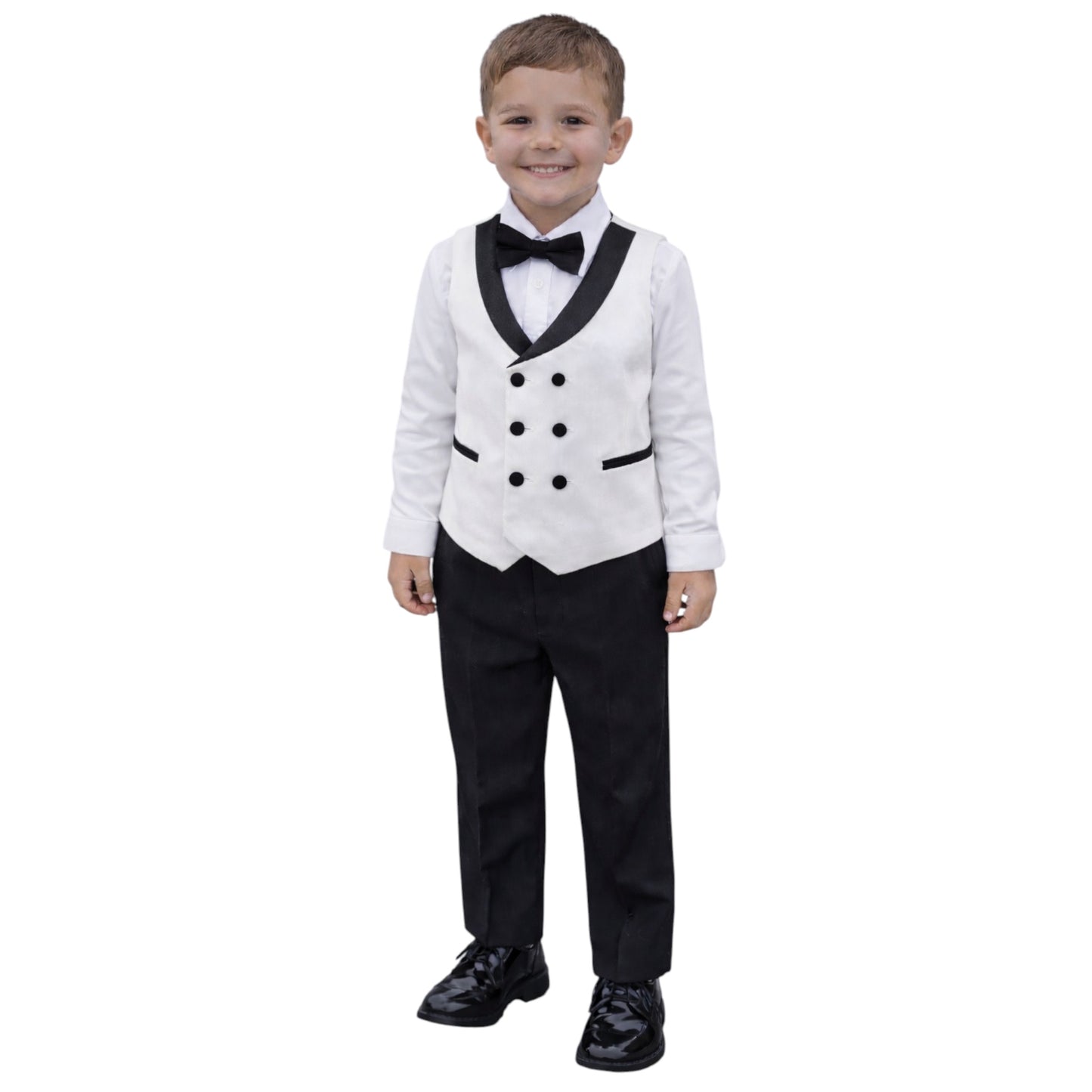 Kids Full Suit -  Creamy White Jacket, Black Satin Collar with black details on the buttons,  Paired with White with Black buttons Vest, and Black Pants