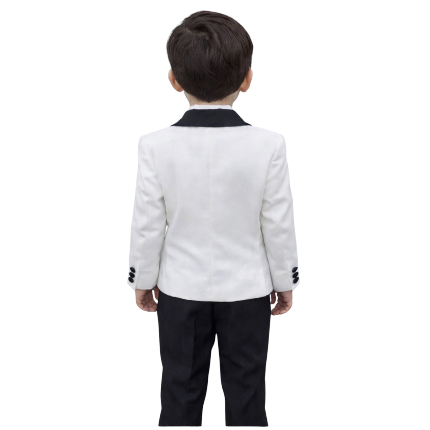 Kids Full Suit -  Creamy White Jacket, Black Satin Collar with black details on the buttons,  Paired with White with Black buttons Vest, and Black Pants