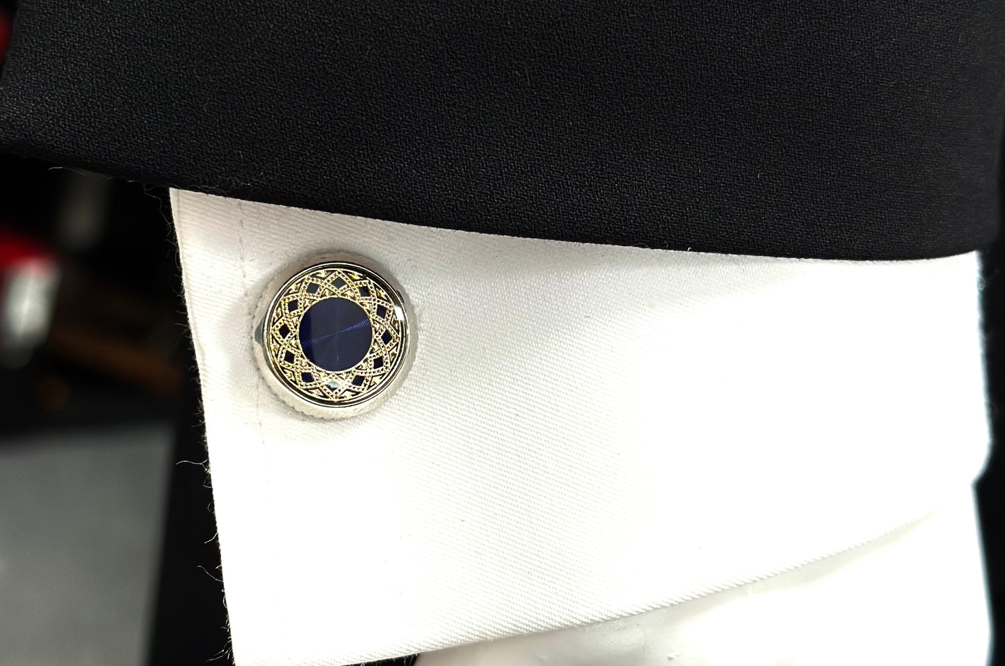 Round Silver Istanbul Fashion Cufflinks - Stainless Steel Exterior with Royal Blue and Rose Gold Detailed Interior - 8