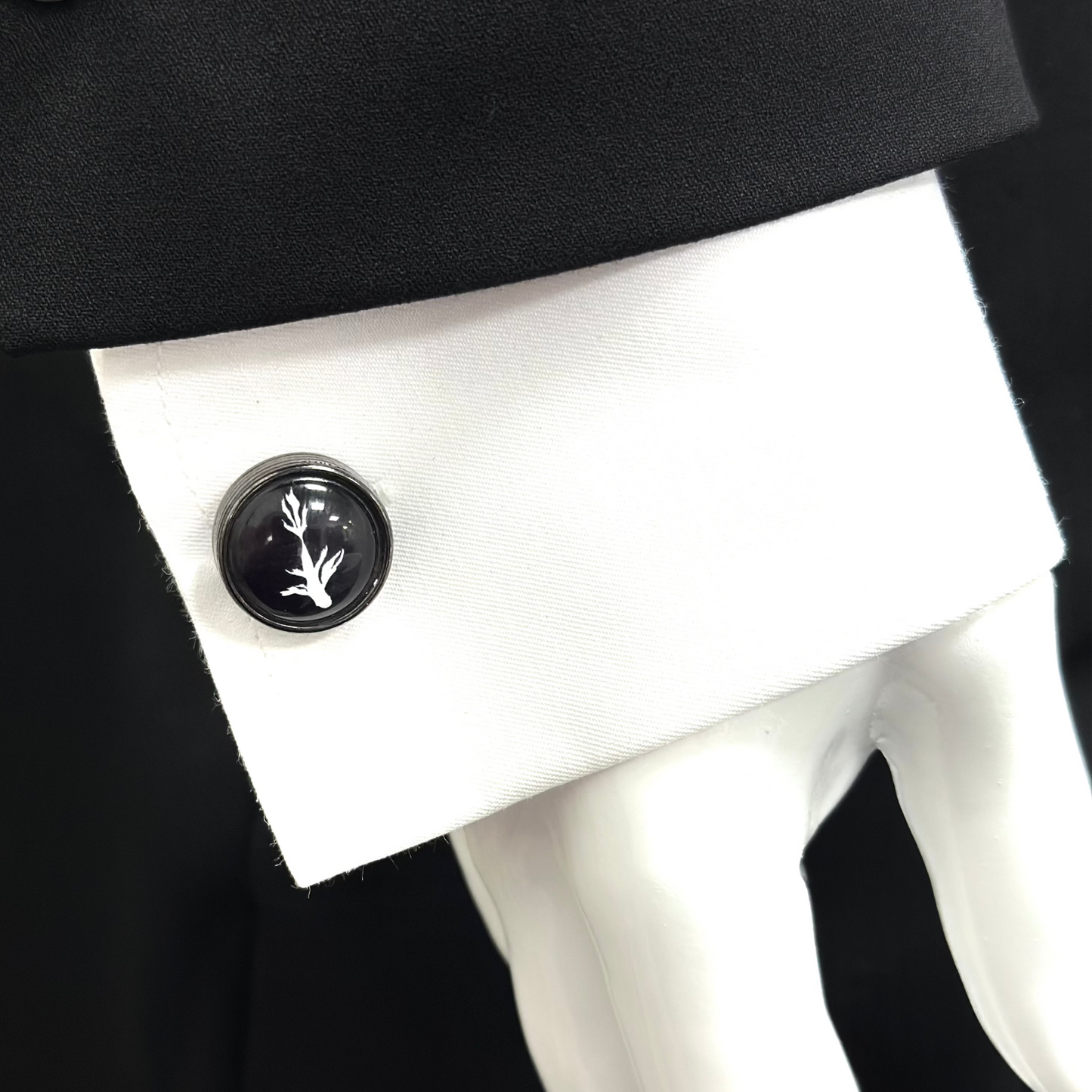 Round Istanbul Fashion Cufflinks -Black on Black with White Feather Detail - 15