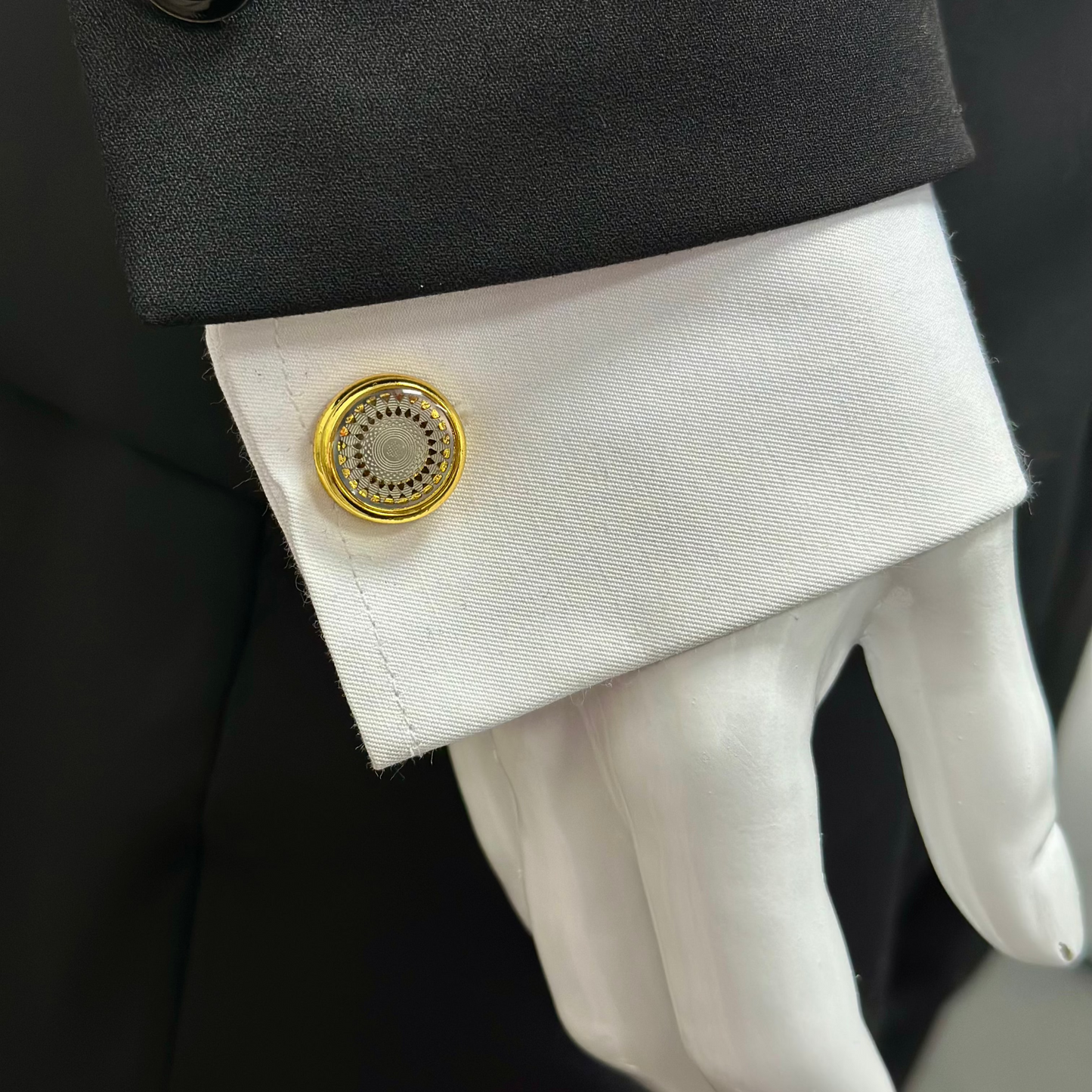 Elegantly Round Istanbul Fashion Cufflinks  Detailed Gold with Beige and Silver Interior - 18