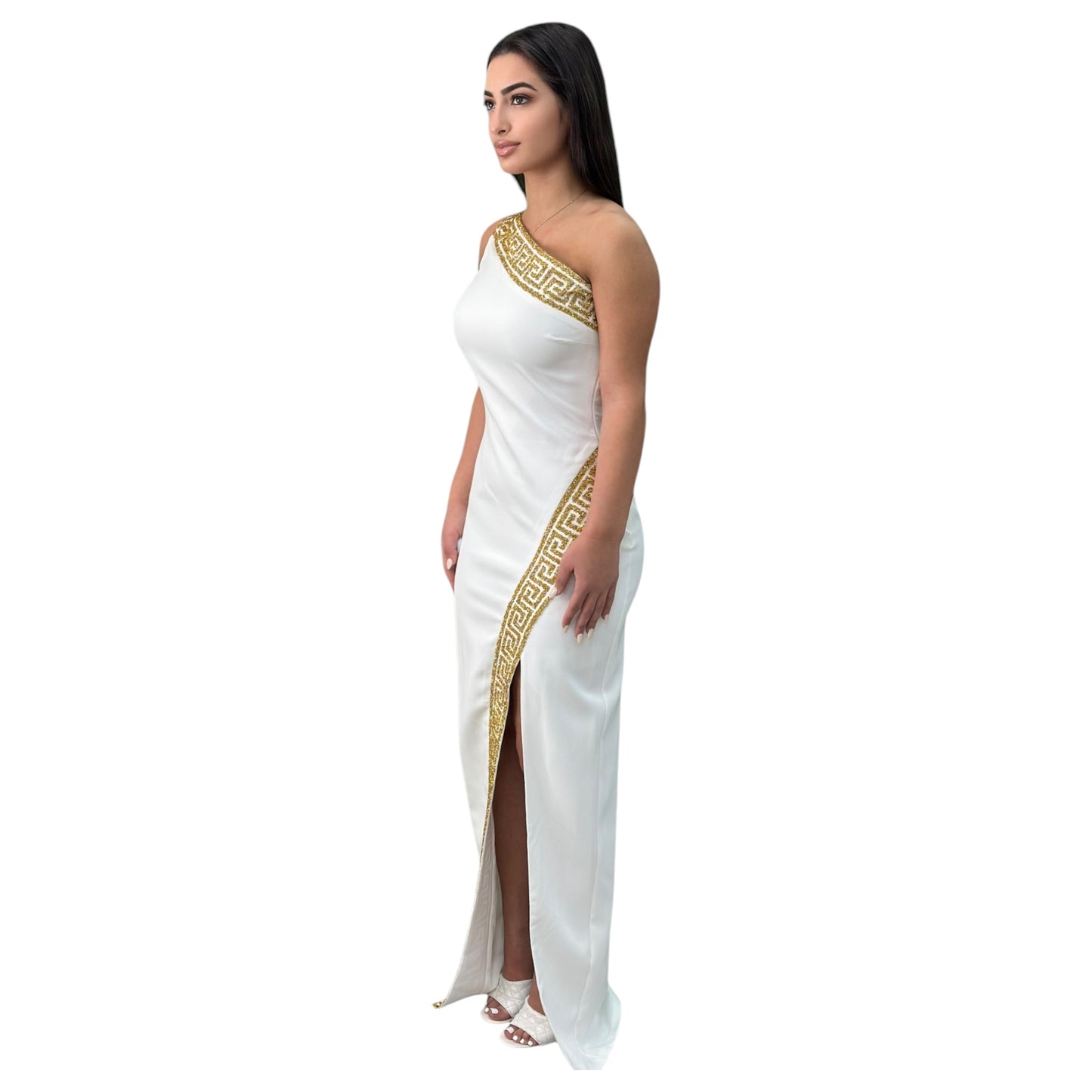 One Shouldered White Fitted Dress Beautifully Detailed with Gold and an elegant Slit on the side