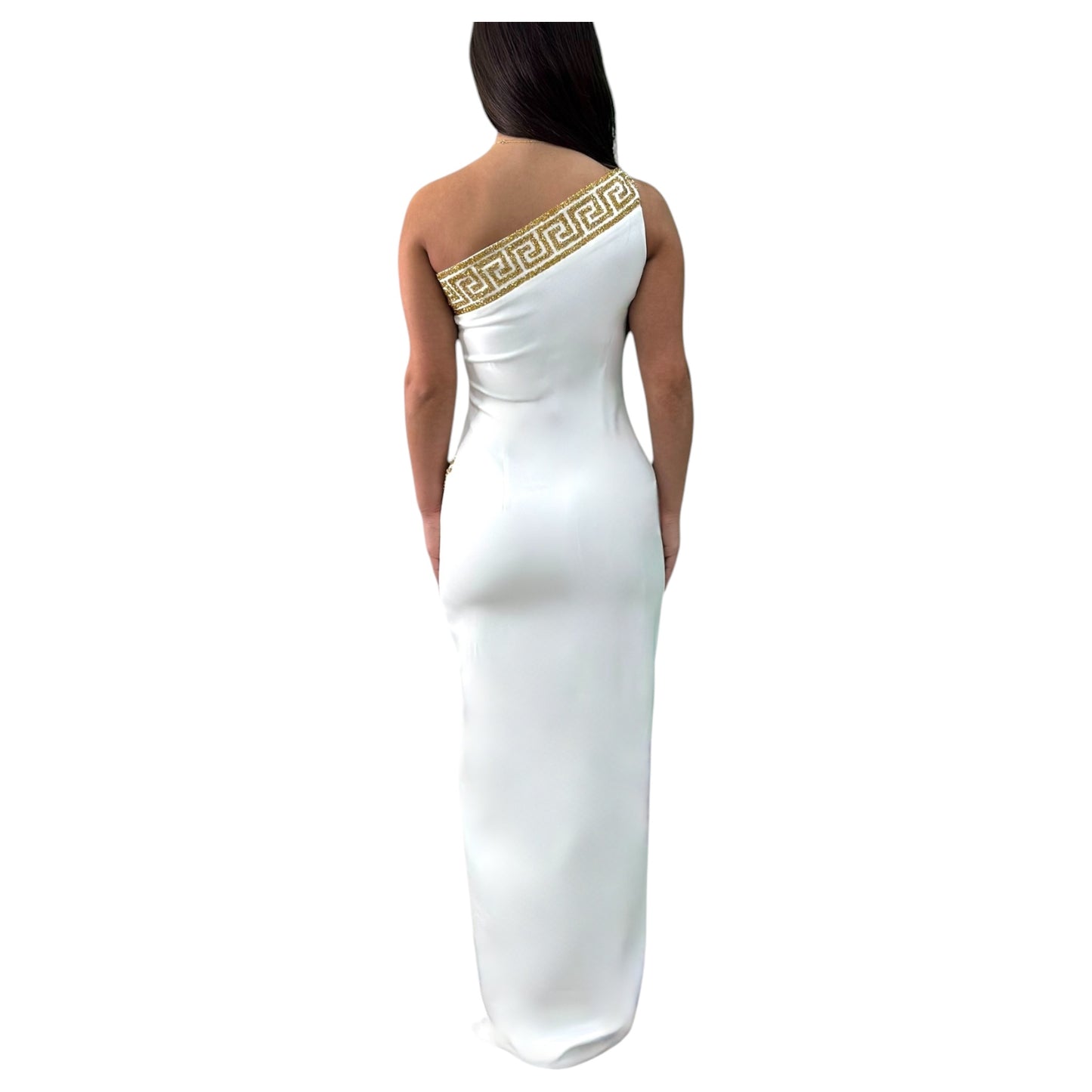 One Shouldered White Fitted Dress Beautifully Detailed with Gold and an elegant Slit on the side