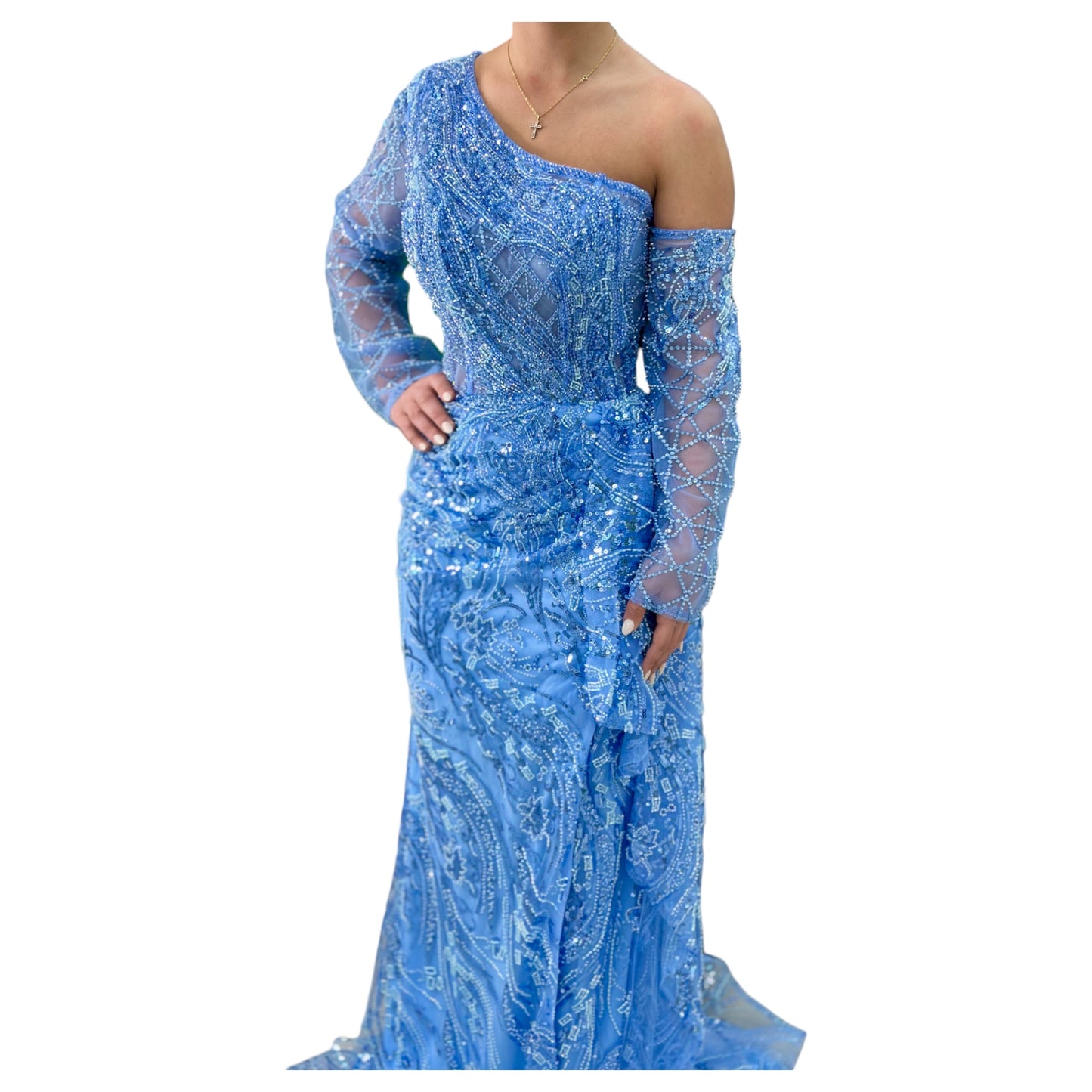 Sky Blue Elegant Long Dress-Detailed with Beautiful Crystals and Sequins