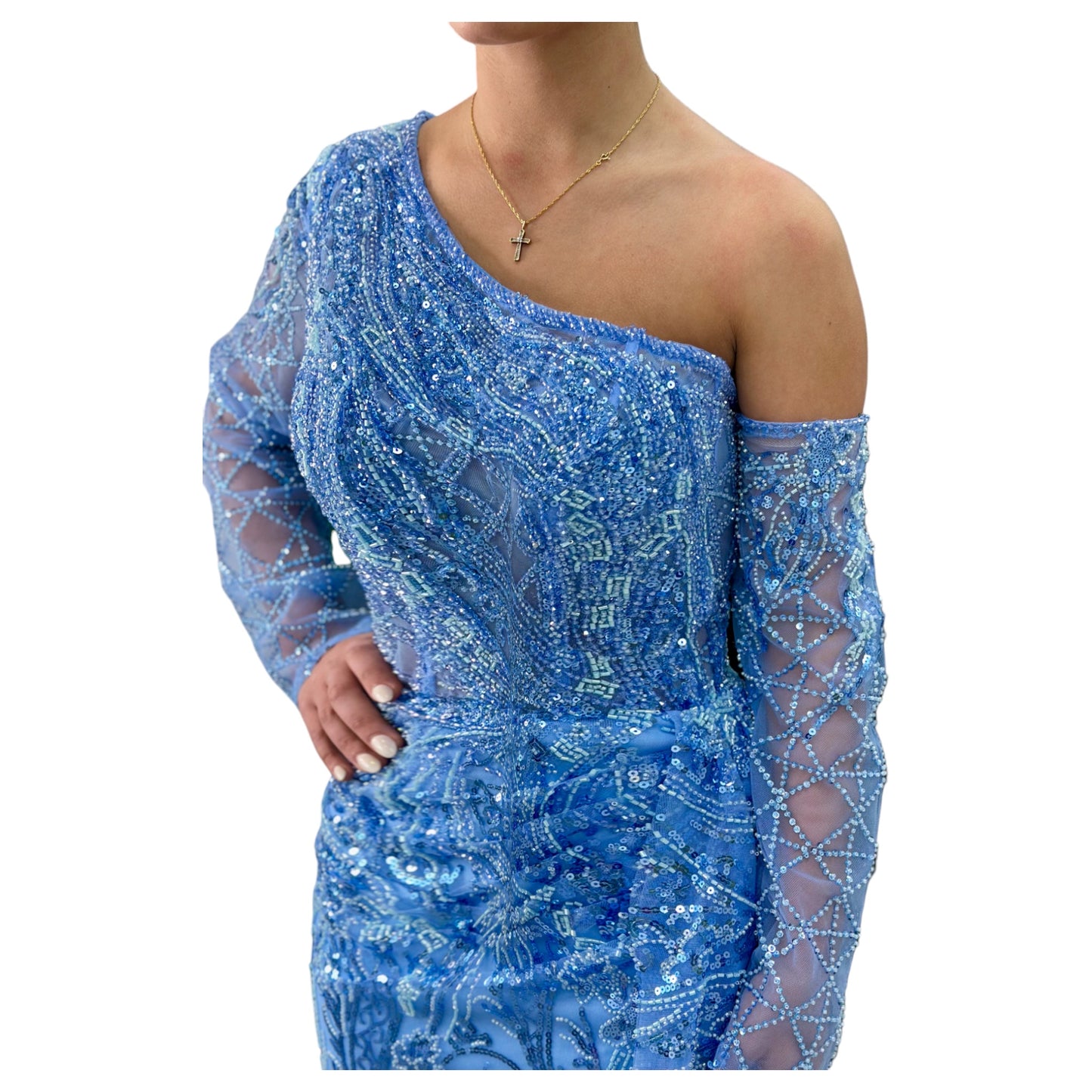 Sky Blue Elegant Long Dress-Detailed with Beautiful Crystals and Sequins