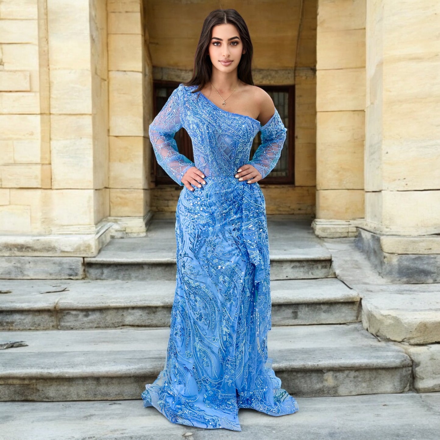 Sky Blue Elegant Long Dress-Detailed with Beautiful Crystals and Sequins