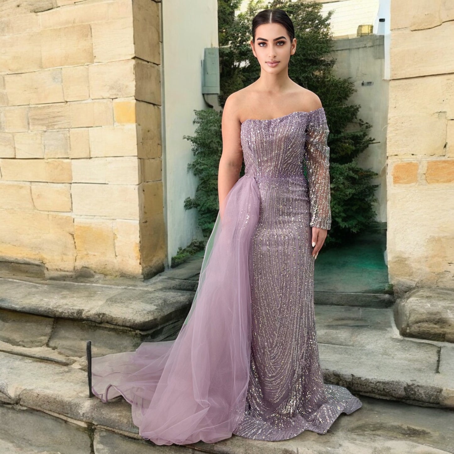 Dusty Purple  Elegant Long Dress-One Shoulder Detailed with Beautiful Crystals and Sequins