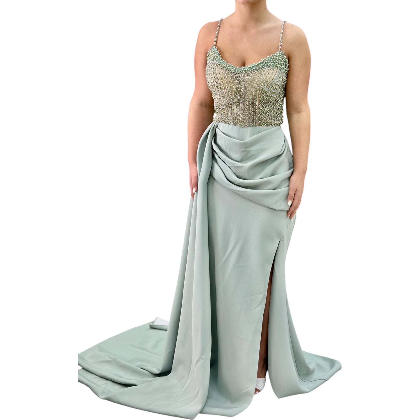Sexy Mint Green Long Dress- Detailed with Beautiful Pearls