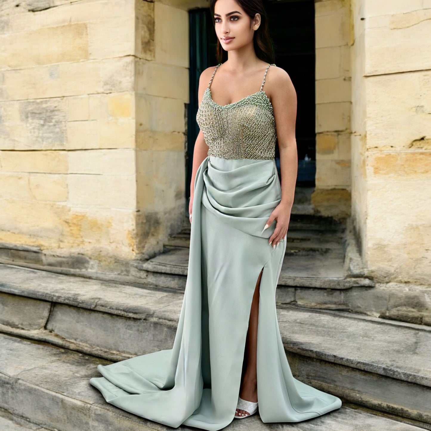 Sexy Mint Green Long Dress- Detailed with Beautiful Pearls