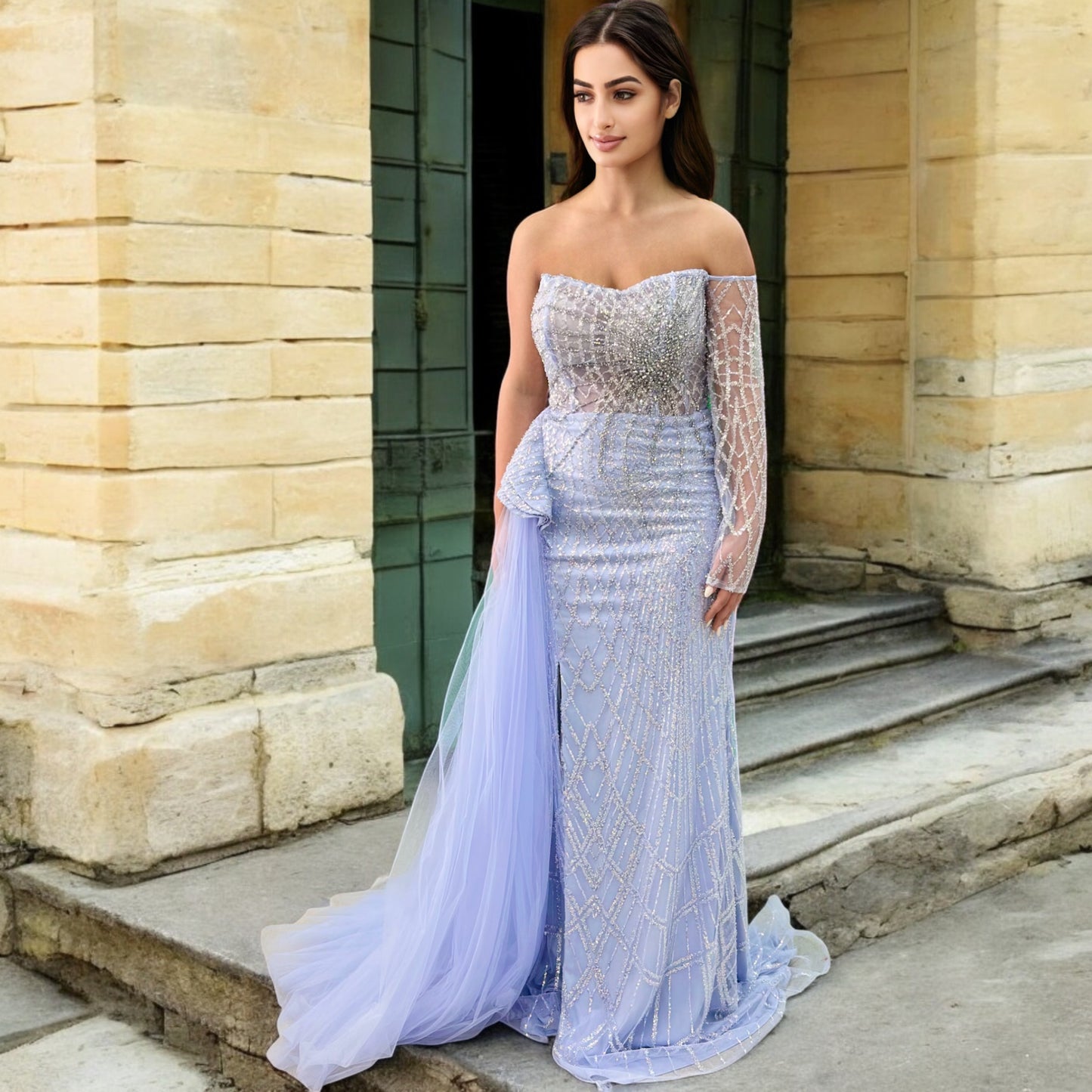 Sexy Lightest Blue Long Dress- Detailed with Beautiful Crystals