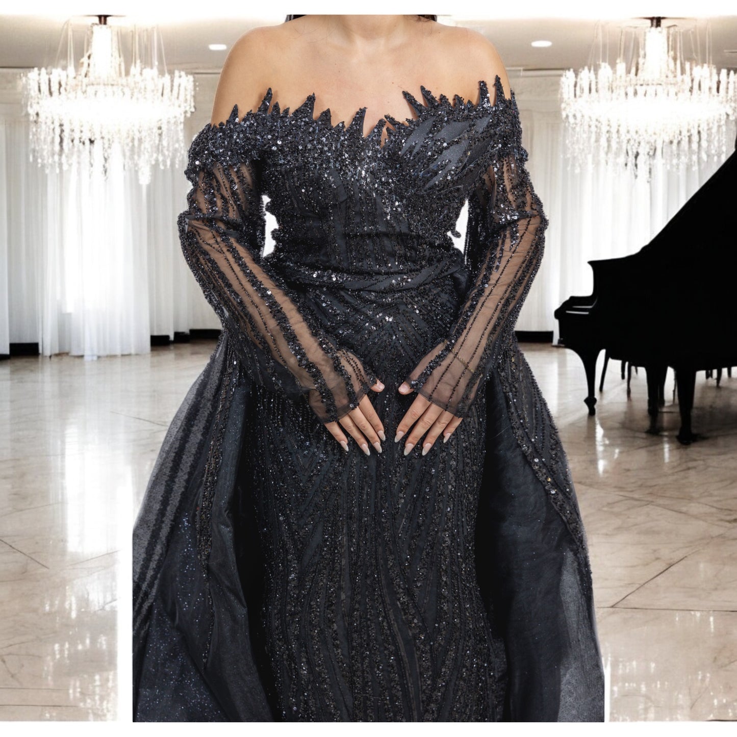 Luxury One of a Kind Black Maxi Dress Detailed with Crystals and Black Sequence