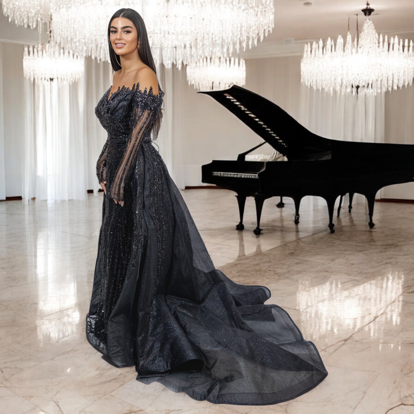 Luxury One of a Kind Black Maxi Dress Detailed with Crystals and Black Sequence