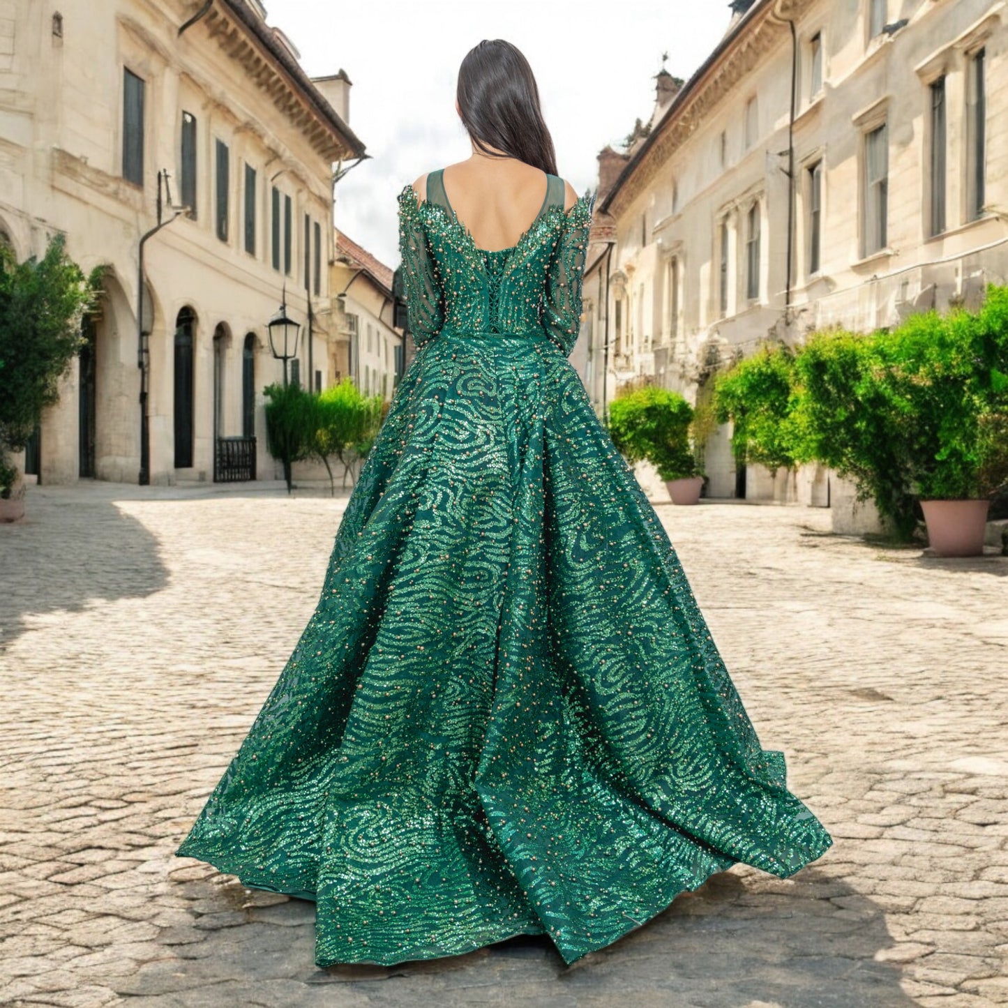 dark green pearled dress with detachable skirt