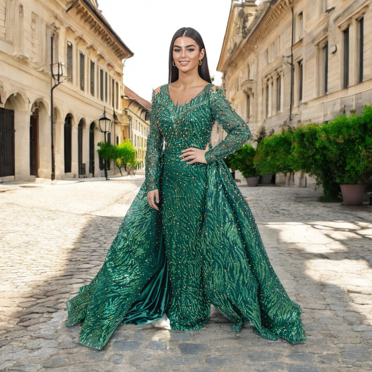 dark green pearled dress with detachable skirt