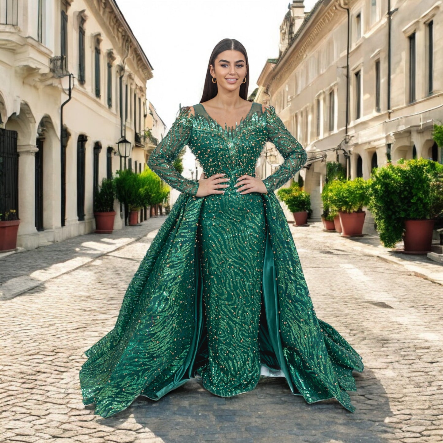 dark green pearled dress with detachable skirt