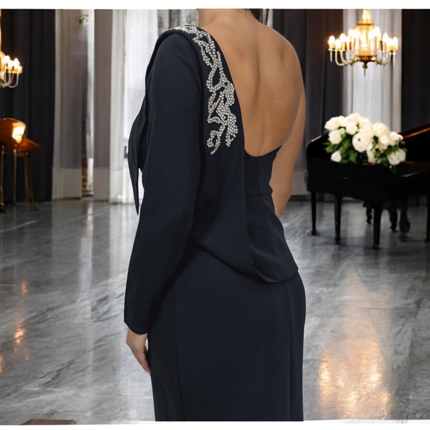 Black One Shoulder Dress with Side Crystals Detailing