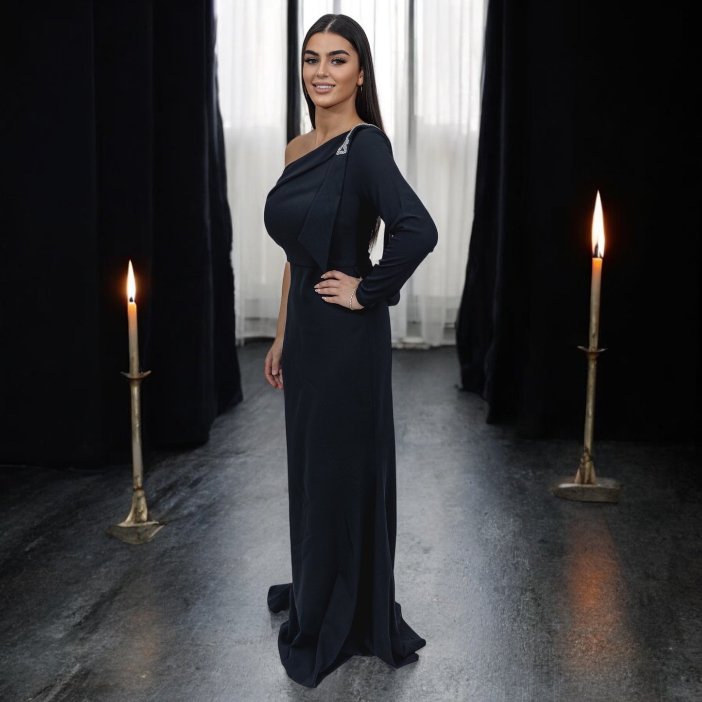 Black One Shoulder Dress with Side Crystals Detailing