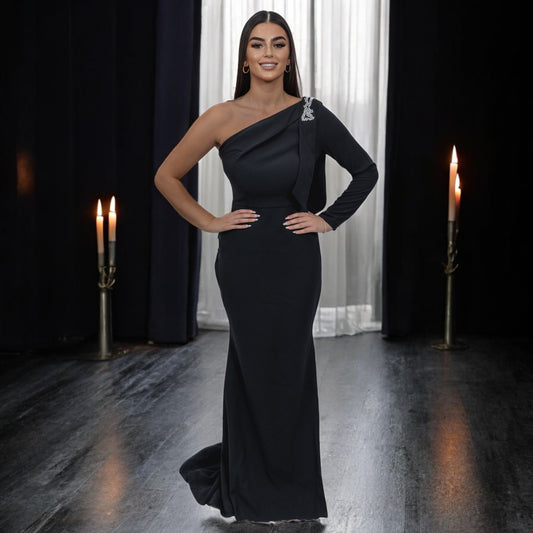 Black One Shoulder Dress with Side Crystals Detailing