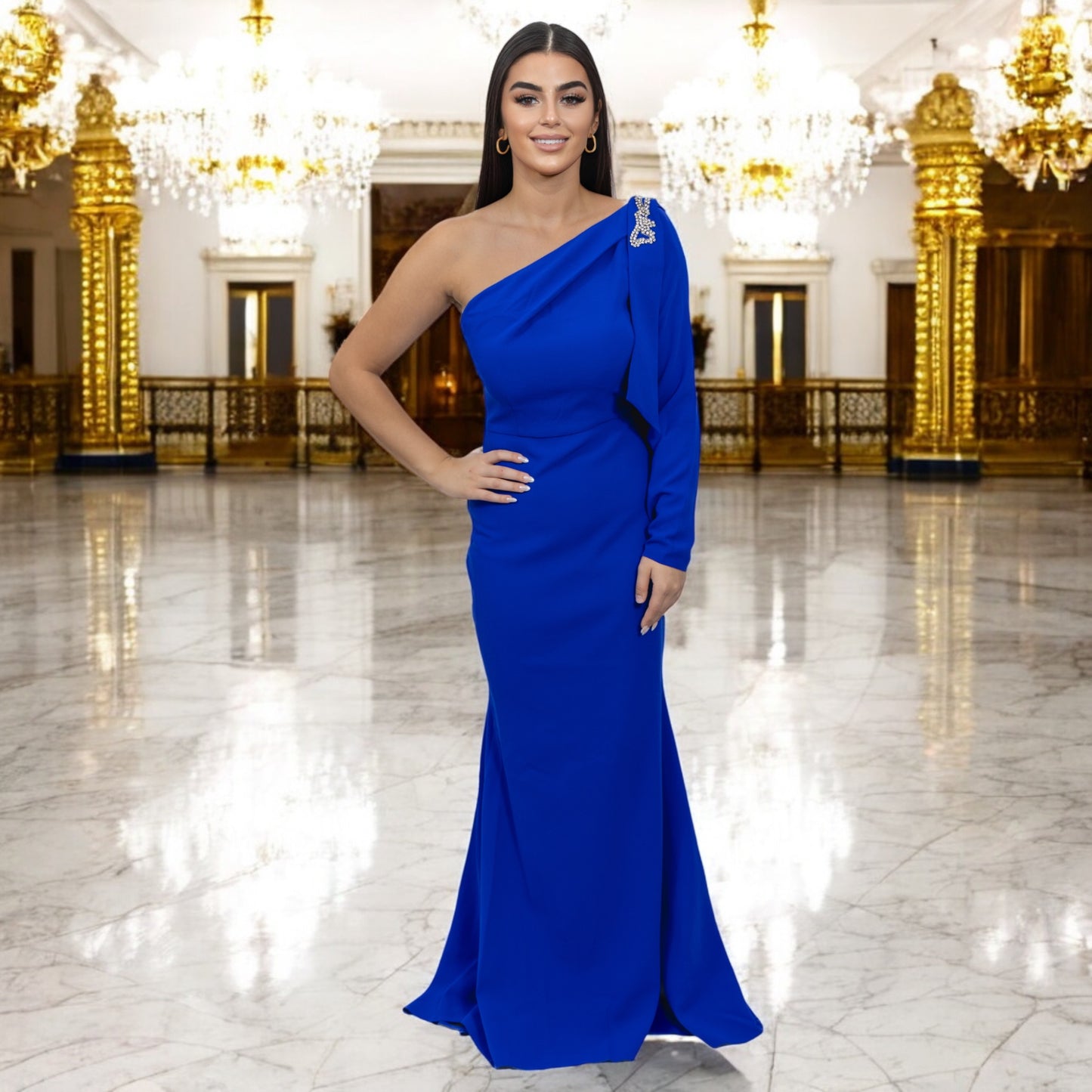 ROYAL BLUE ONE SHOULDER Dress with  Side crystals detailing