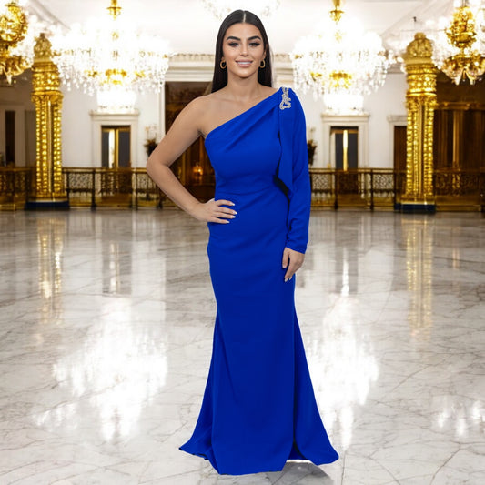 ROYAL BLUE ONE SHOULDER Dress with  Side crystals detailing