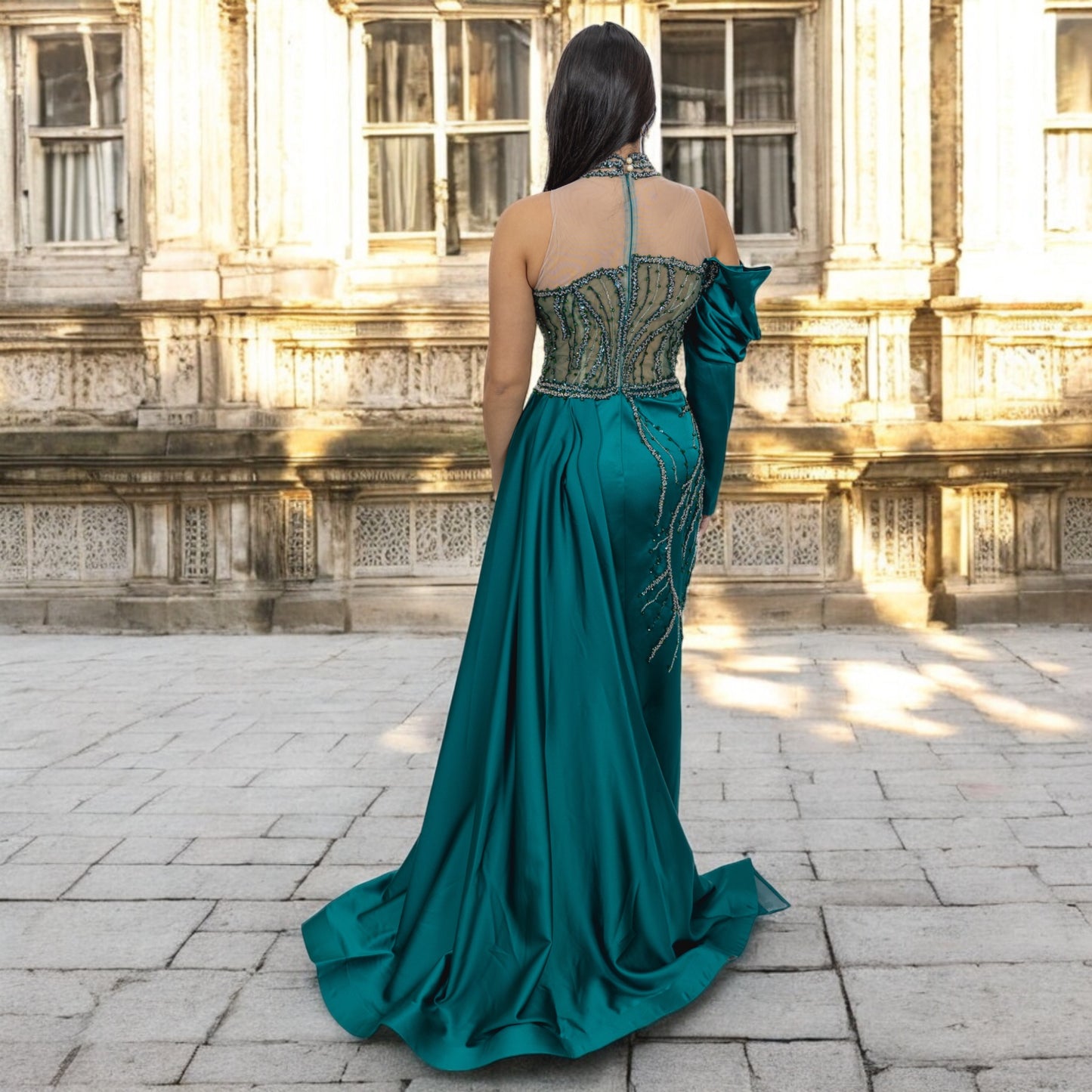 Green Sequenced Dress with  Side Tail