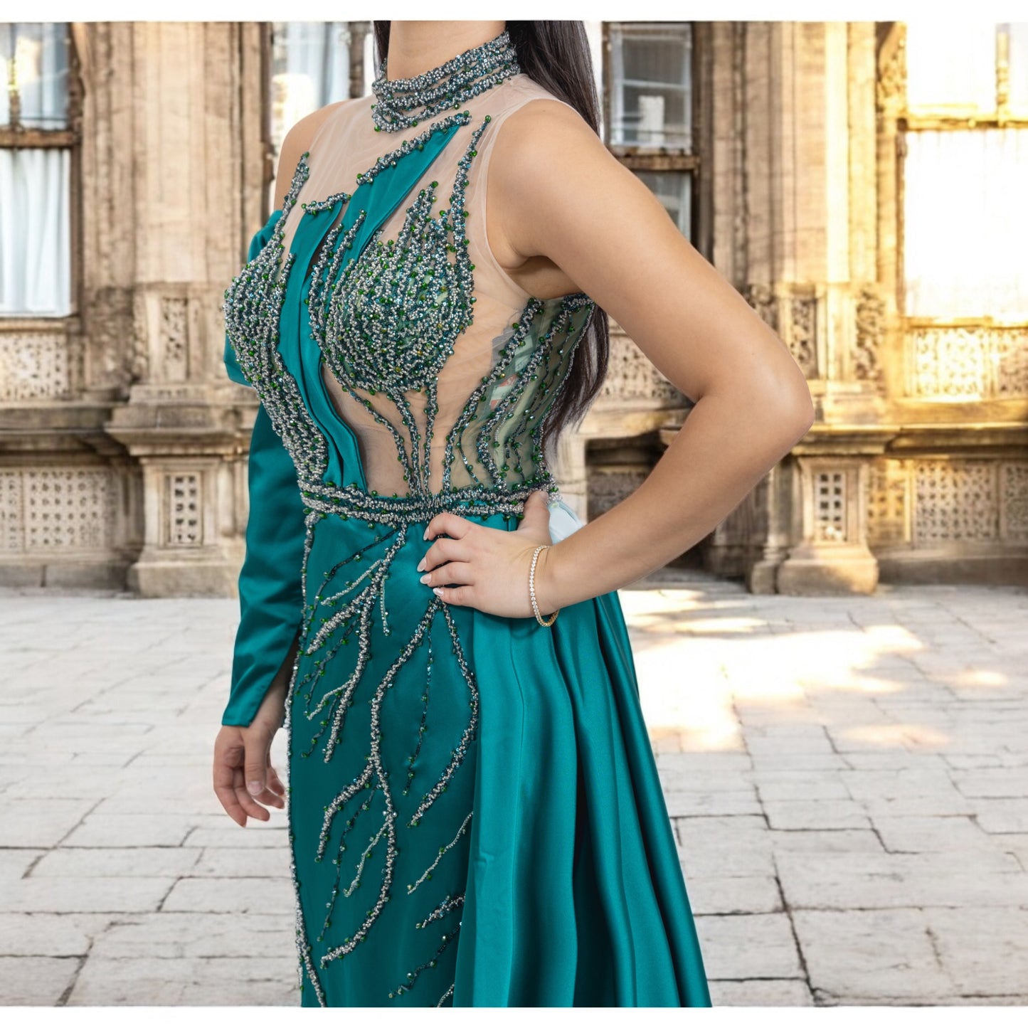 Green Sequenced Dress with  Side Tail