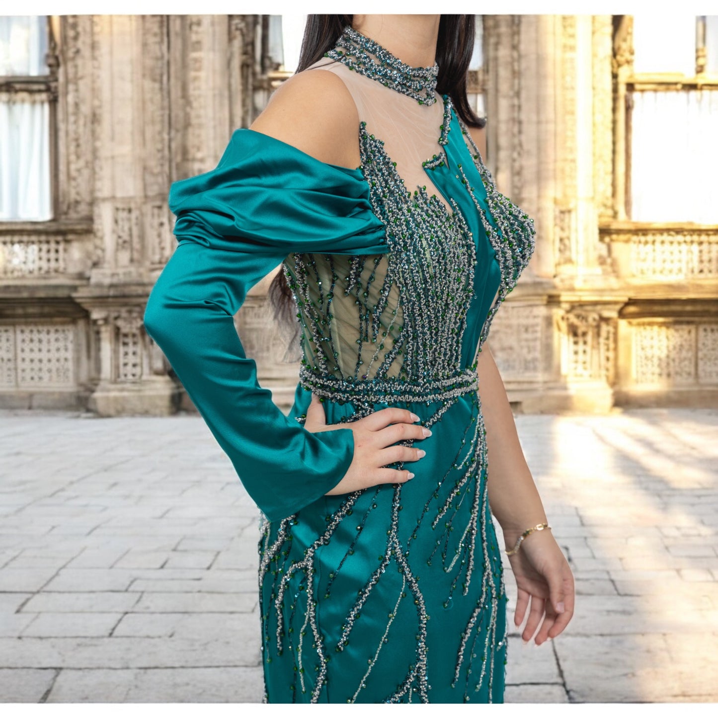Green Sequenced Dress with  Side Tail