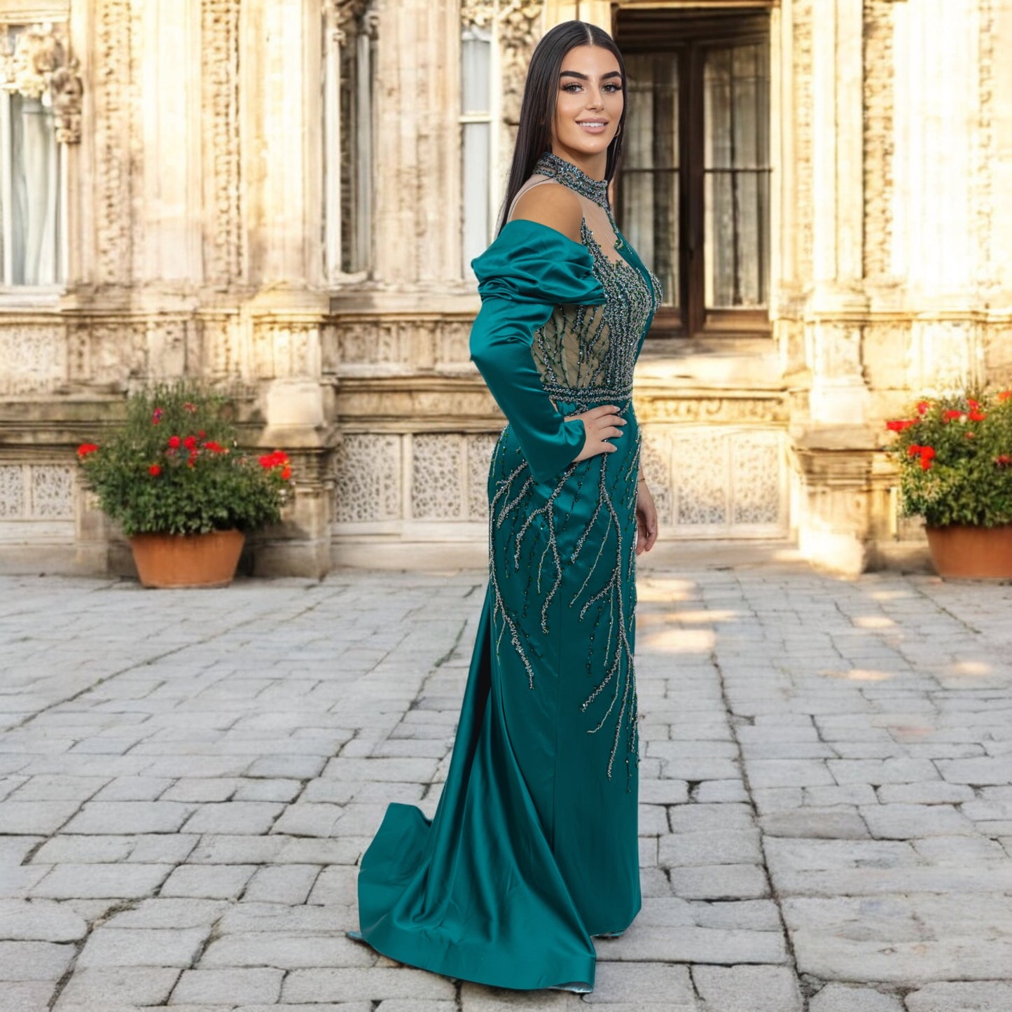 Green Sequenced Dress with  Side Tail
