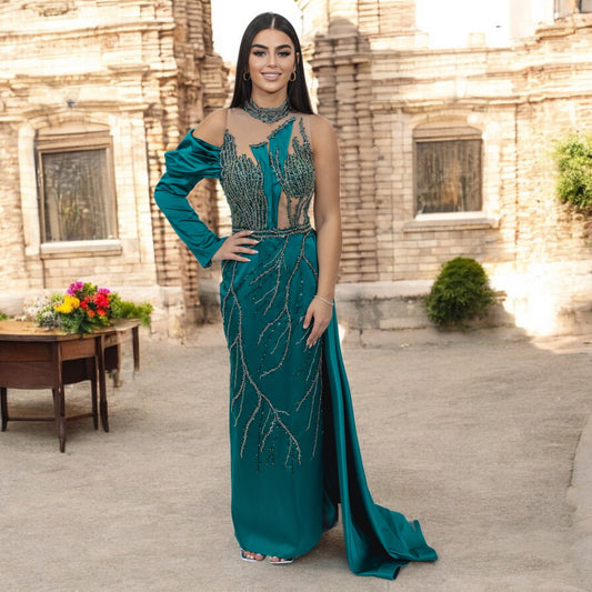 Green Sequenced Dress with  Side Tail