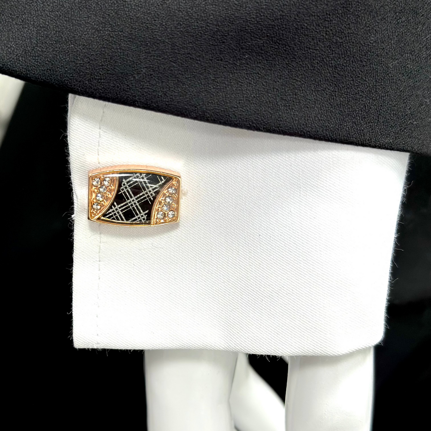 Stylish Rectangular Rose Gold  Detailed with Black and Diamonds  - Istanbul Fashion Cufflinks - 73