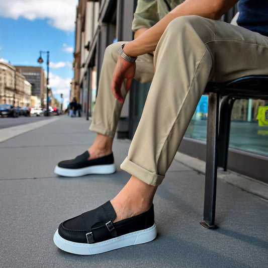 Black Stylish - Height Increase - Men Casual Shoes with Modern Buckle Details on the Side - B-417