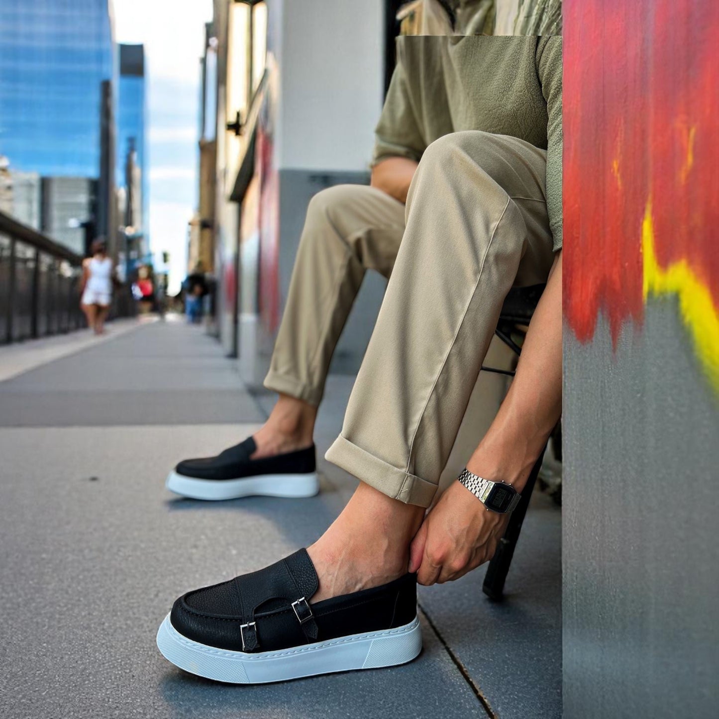 Black Stylish - Height Increase - Men Casual Shoes with Modern Buckle Details on the Side - B-417