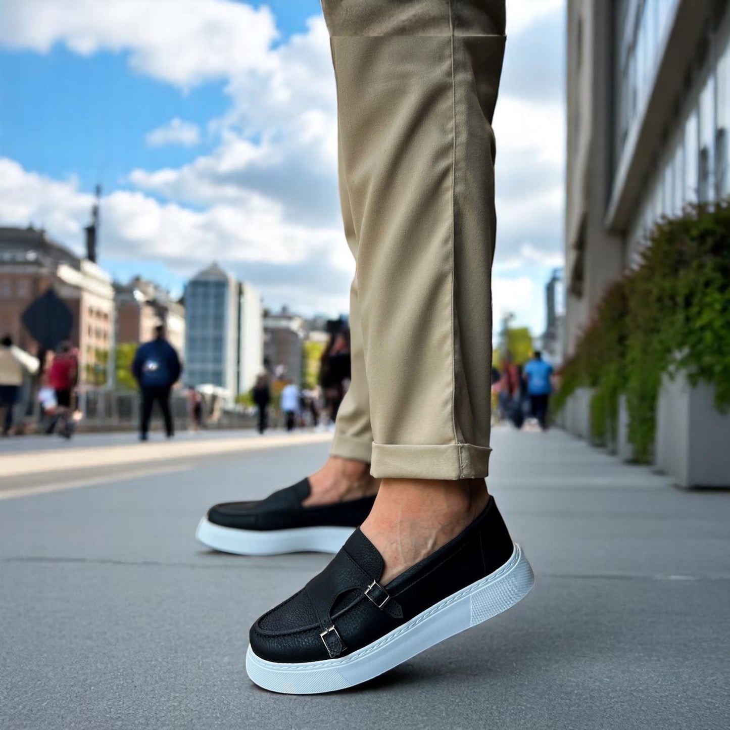 Black Stylish - Height Increase - Men Casual Shoes with Modern Buckle Details on the Side - B-417