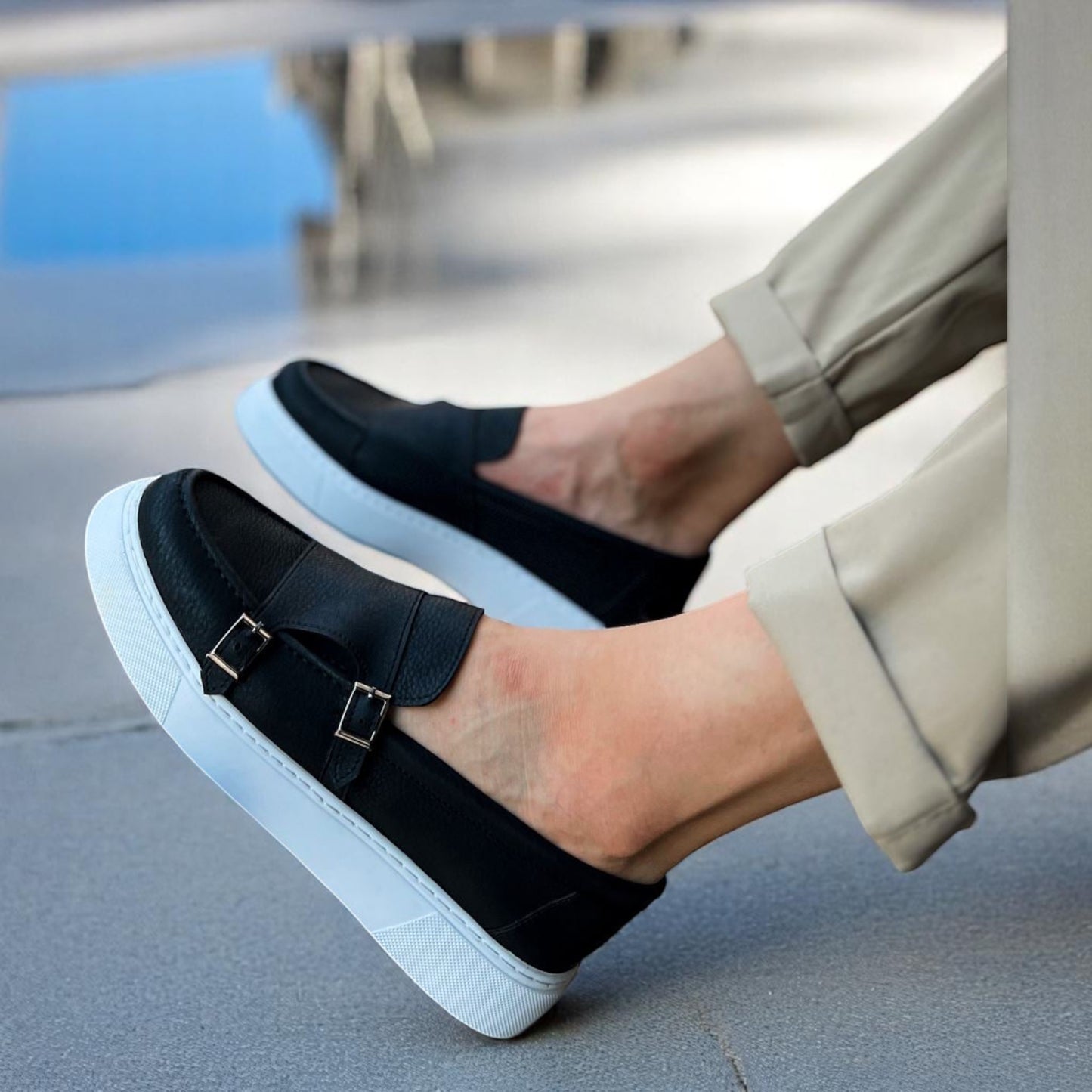 Black Stylish - Height Increase - Men Casual Shoes with Modern Buckle Details on the Side - B-417