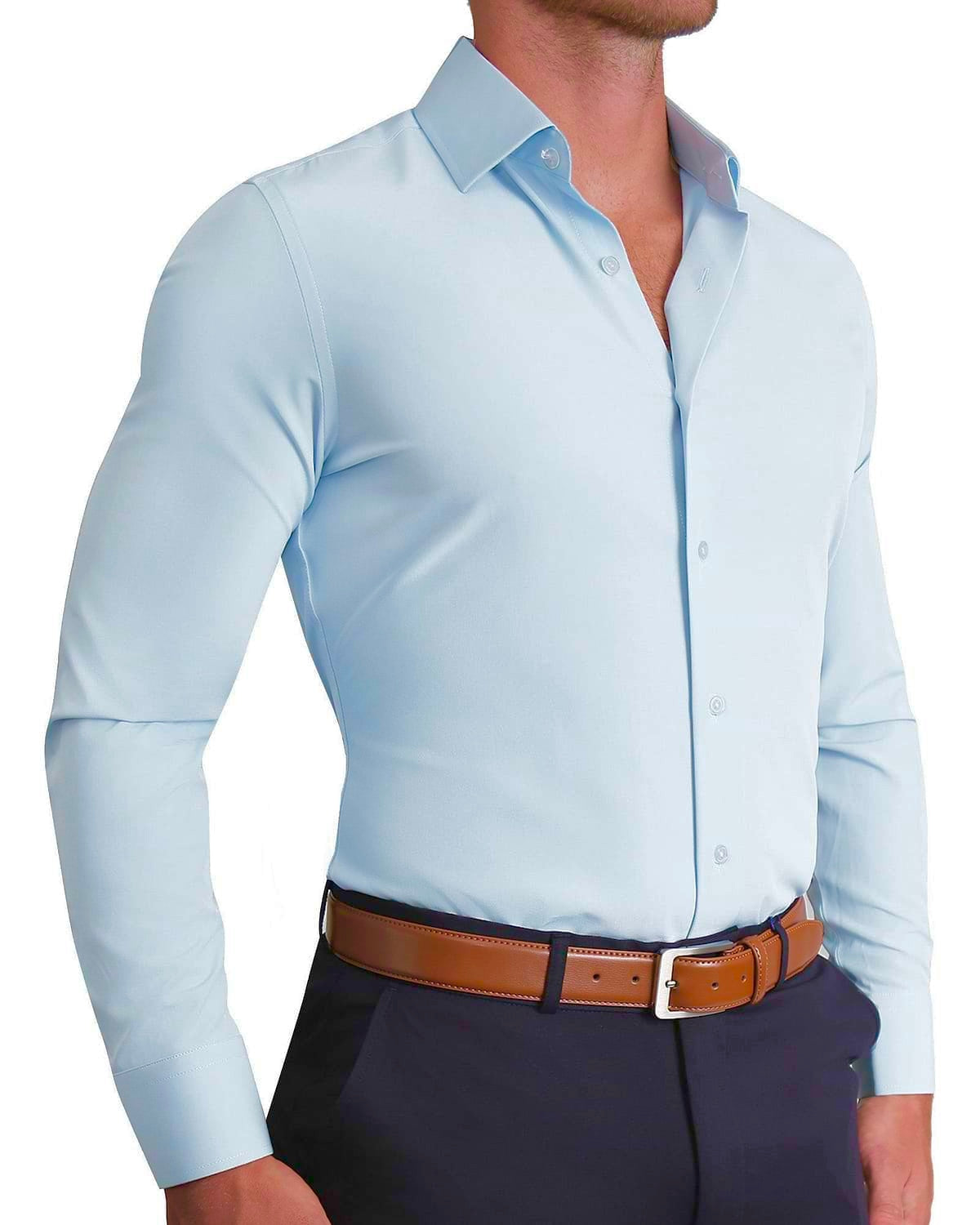 Light Blue - Men Long Sleeves  Formal Solid, Dress Shirt in Slim Fit  Style