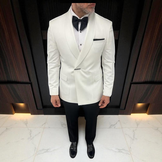 Stylish, Shawl Collar with one Snap button Suit- Slim Fit - White Jacket on Black Pants