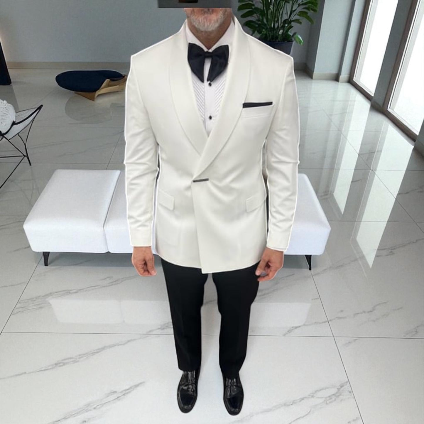 Stylish, Shawl Collar with one Snap button Suit- Slim Fit - White Jacket on Black Pants