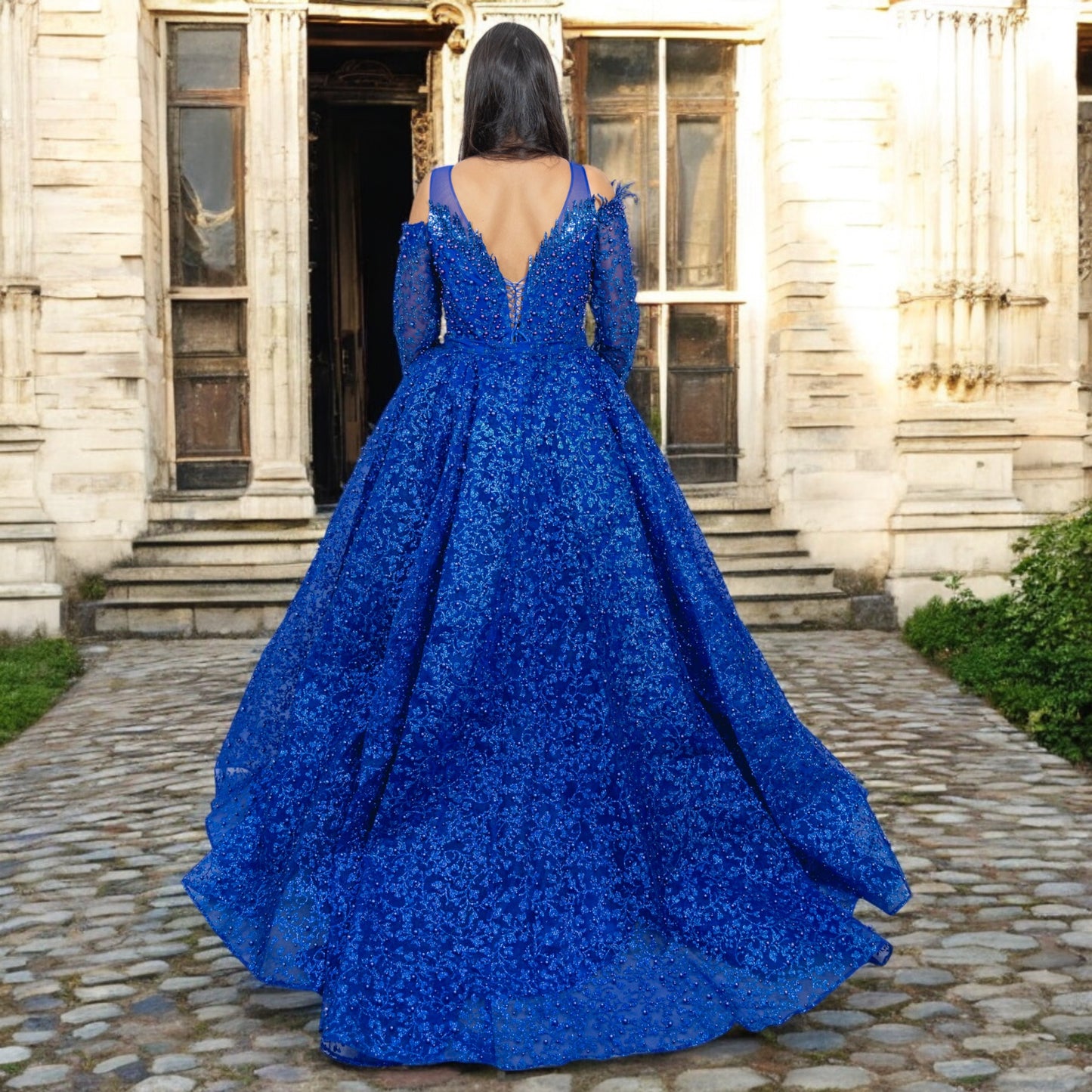 Royal Blue Pearl Dress- Detailed with Pearls and Detachable Skirt