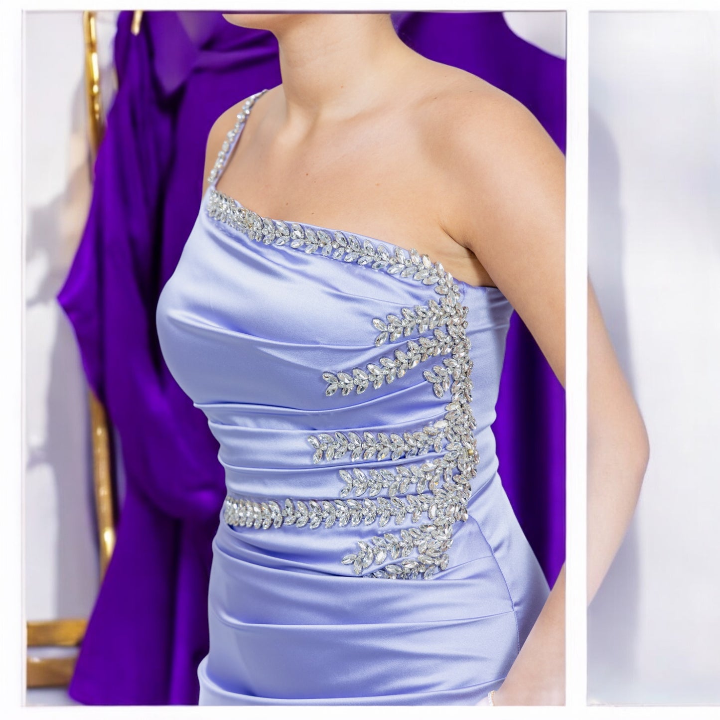 Classy Satin Lilac Color Dress Detailed With Rhinestone on Side