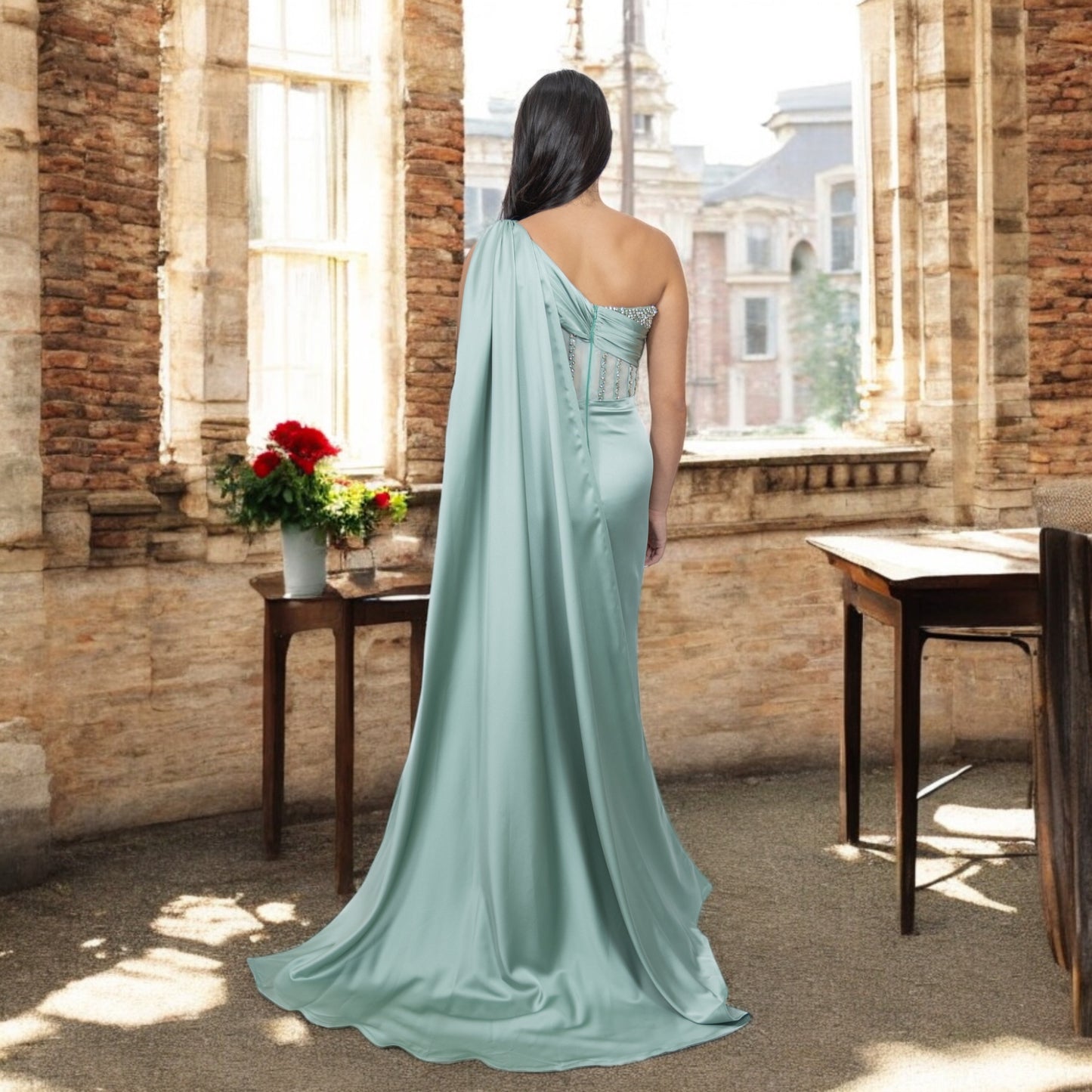 Classy Satin Sage Green - One side Corset Top Dress
