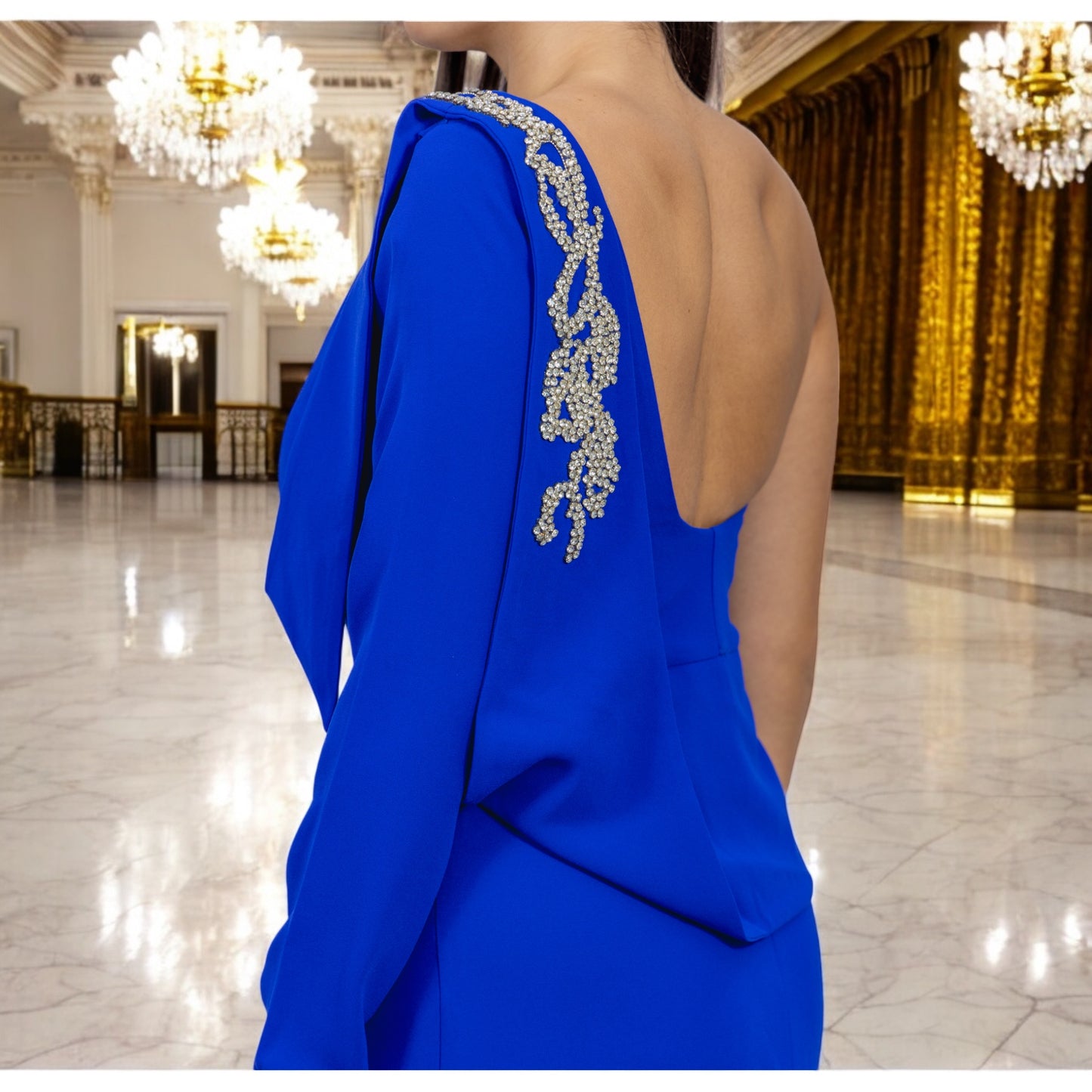 ROYAL BLUE ONE SHOULDER Dress with  Side crystals detailing