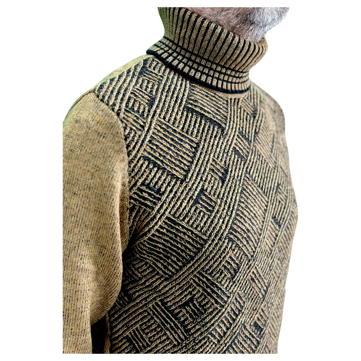 Light Brown  and Black Patterned  Men's Chunky Turtleneck Sweater -100% Real  Wool