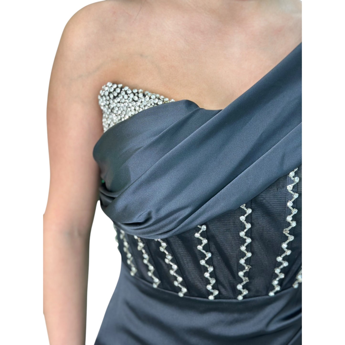 Sexy Black Long Dress- Detailed with Beautiful Satin with Crystals