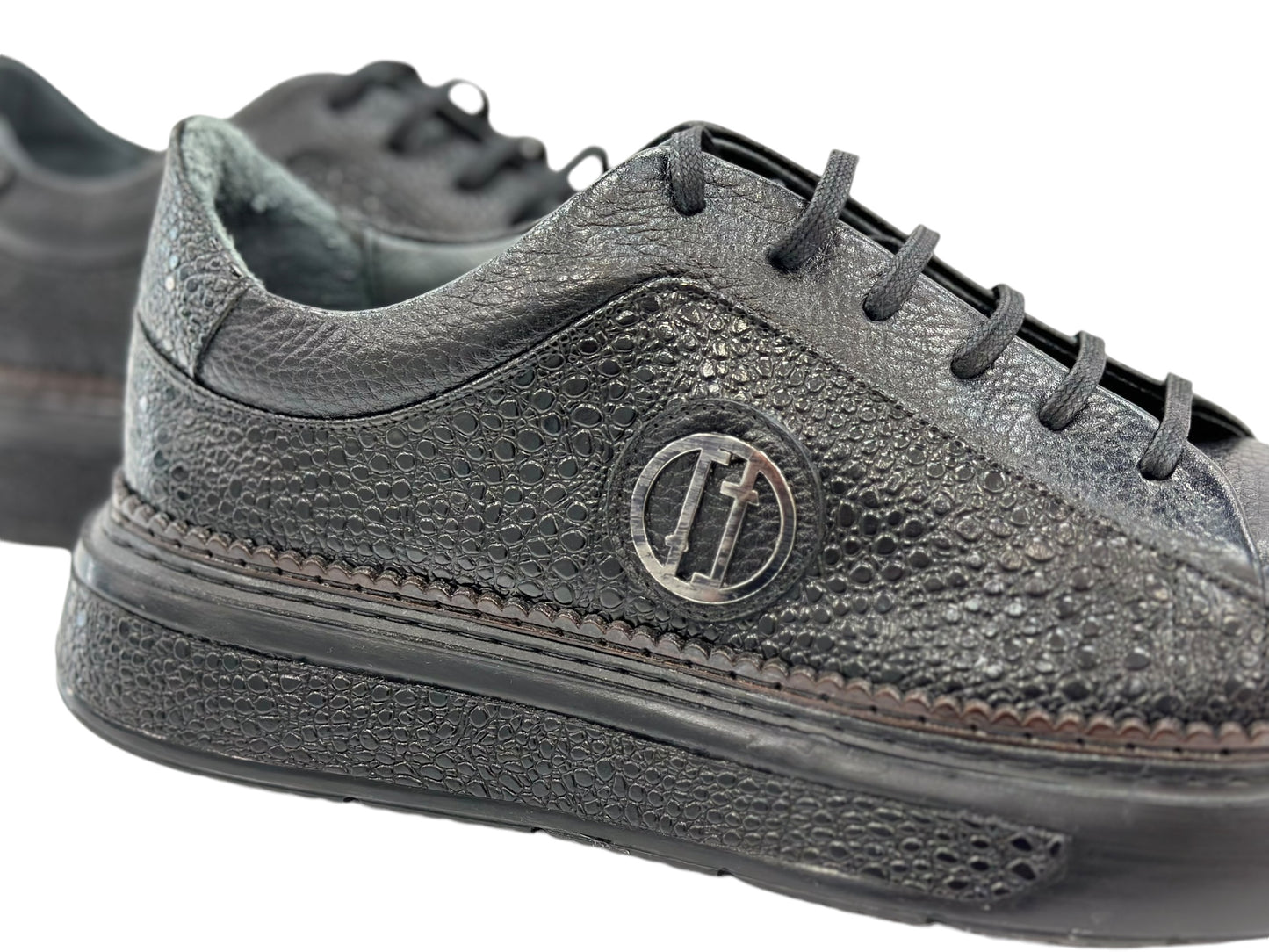 Black Leather Shoes With Black Lace- With Chrome Metal Details on the Side-SP12 228