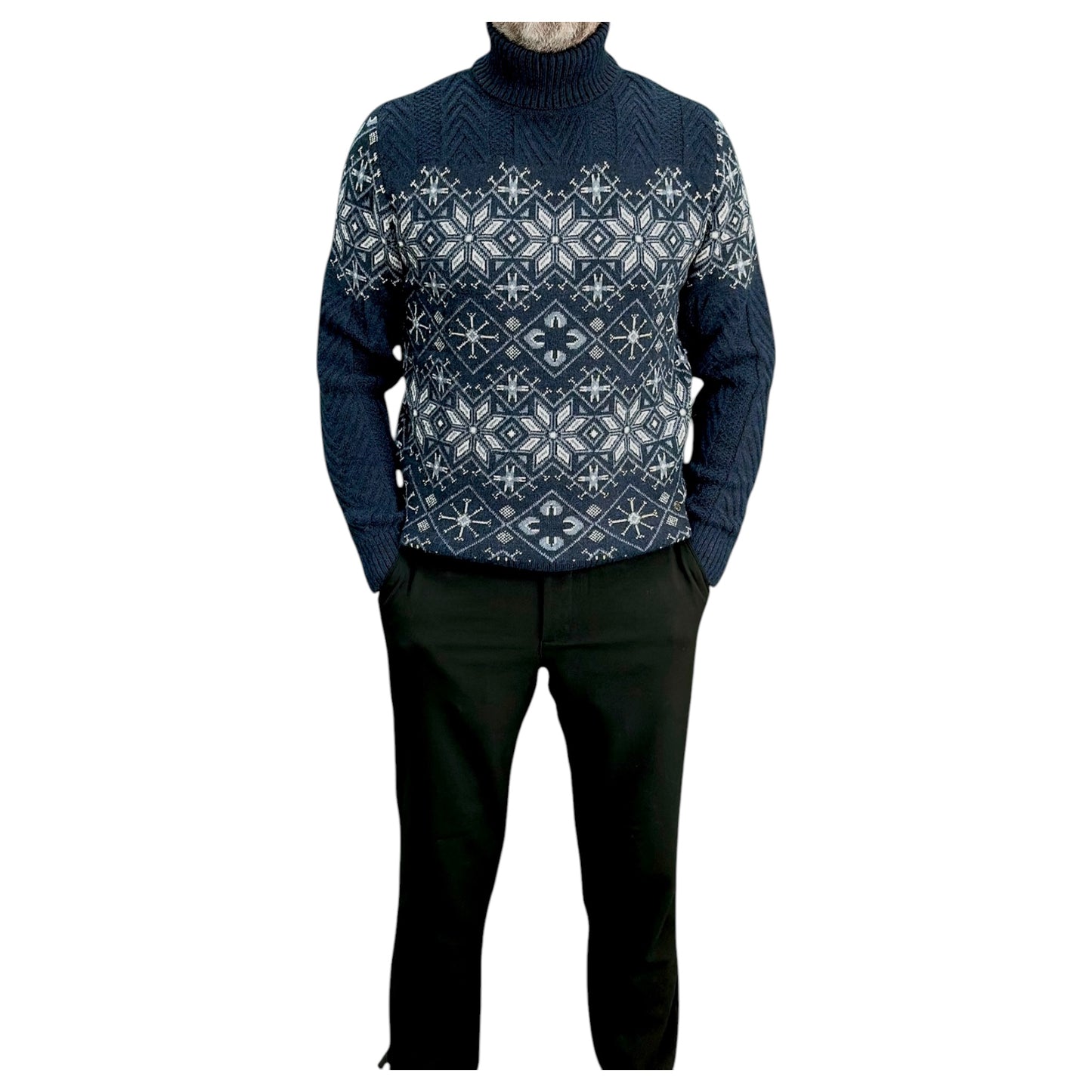 Navy Blue  and Gray Patterned  Men's Chunky Turtleneck Sweater -100% Real  Wool