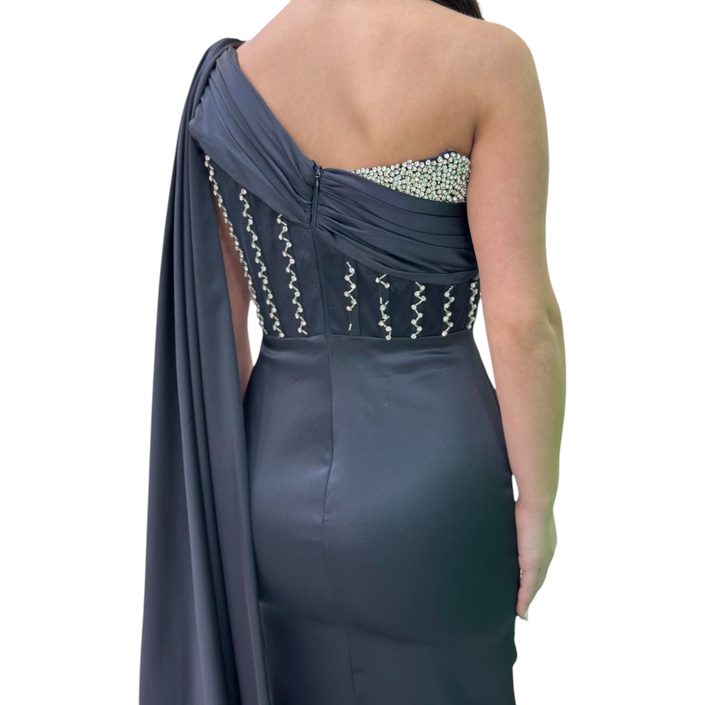 Sexy Black Long Dress- Detailed with Beautiful Satin with Crystals