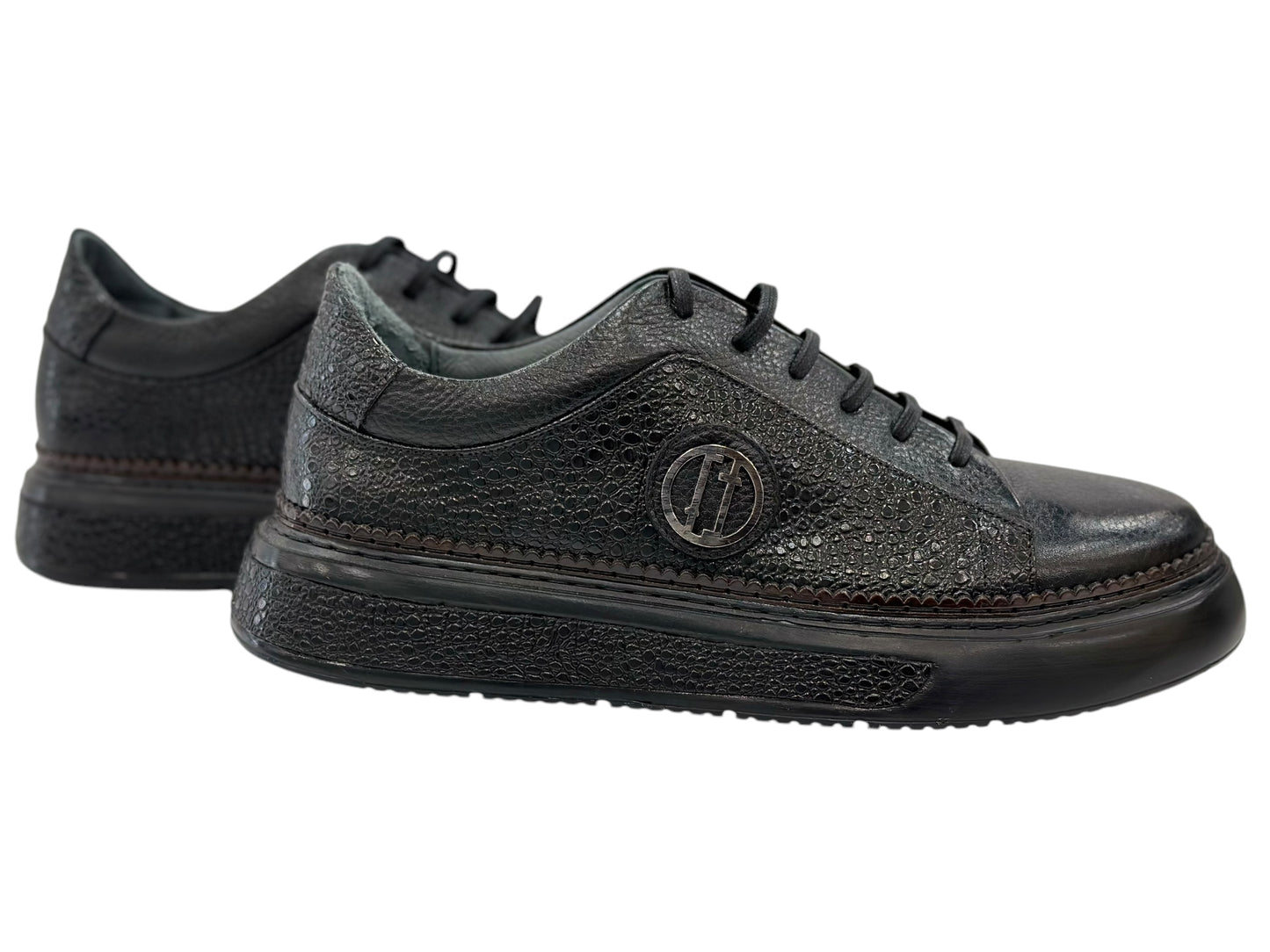 Black Leather Shoes With Black Lace- With Chrome Metal Details on the Side-SP12 228