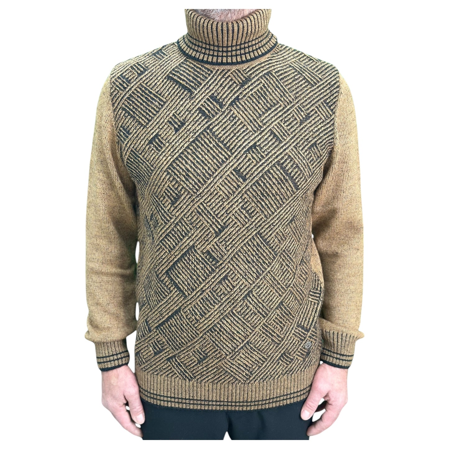 Light Brown  and Black Patterned  Men's Chunky Turtleneck Sweater -100% Real  Wool